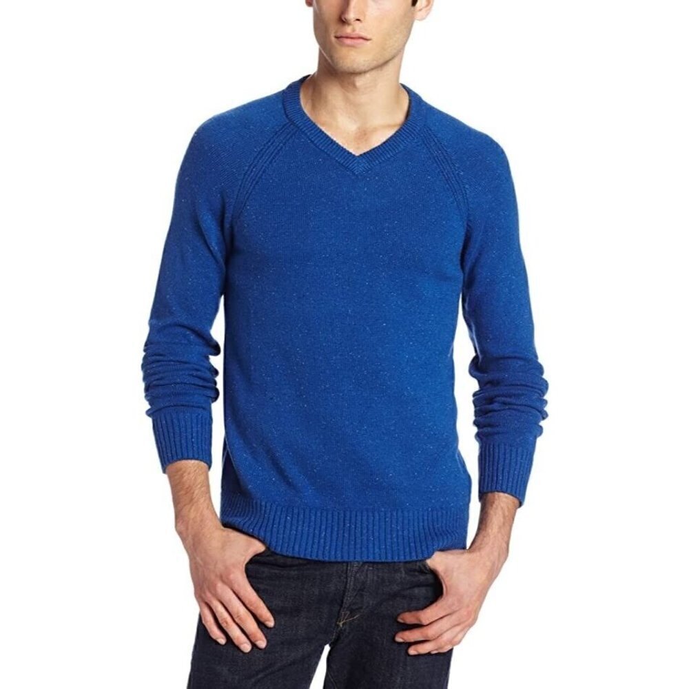 Lucky Brand Sweater V Neck Pullover Knit Speckled White Blue Mens Sz XL